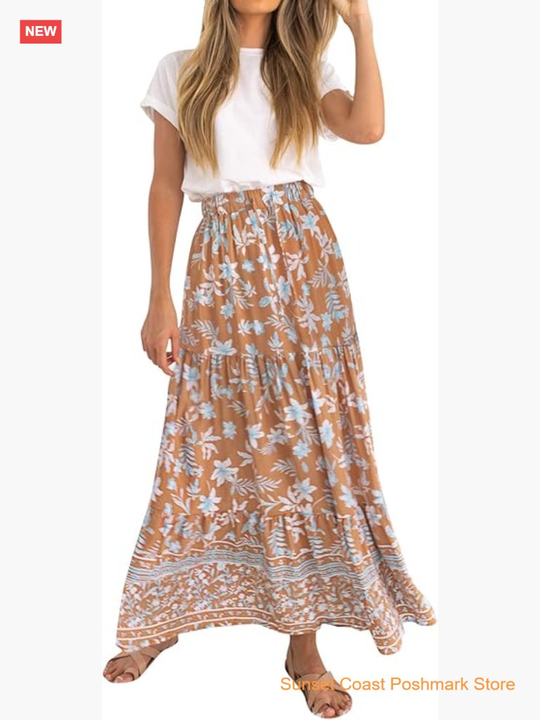 Bohemian Floral Print Elastic Waist A Line Maxi Skirt With Pockets